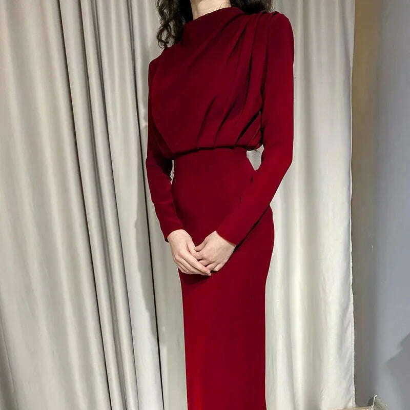 KIMLUD, Spring Autumn New Women's Clothing Solid Color Fashion Waist-Controlled Slimming Long Sleeve Dress Office Lady, Wine Red / L, KIMLUD APPAREL - Womens Clothes