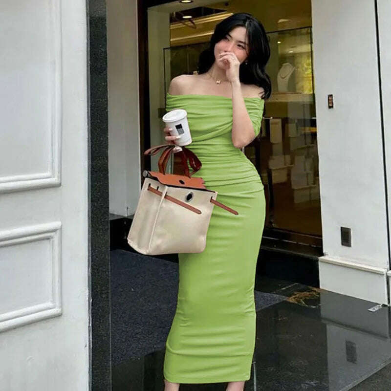 KIMLUD, Spring European and American One Shoulder Pleated Dress Slim Fit and Slim Slim Slim Split Bottom Dress Long Dres, lightgreen / XL, KIMLUD APPAREL - Womens Clothes