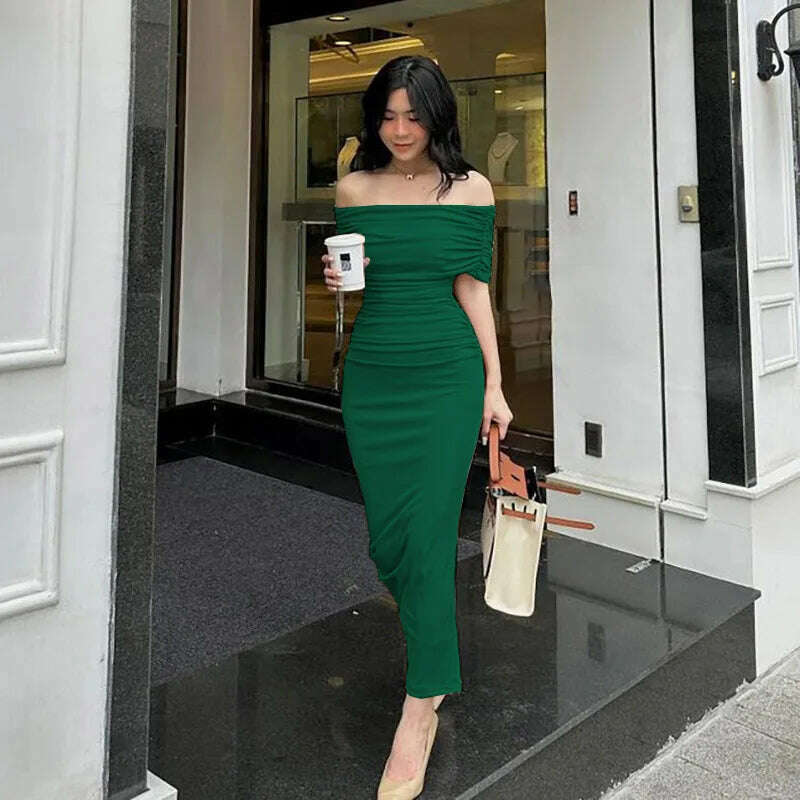 KIMLUD, Spring European and American One Shoulder Pleated Dress Slim Fit and Slim Slim Slim Split Bottom Dress Long Dres, Dark Green / XXL, KIMLUD APPAREL - Womens Clothes