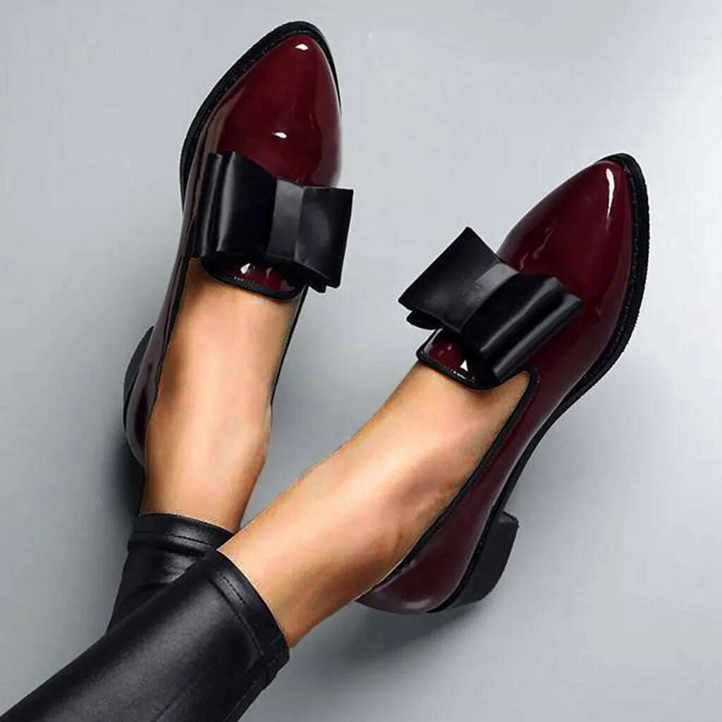 KIMLUD, Spring Flats Women Shoes Bowtie Loafers Patent Leather Women&#39;s Low Heels Slip On Footwear Female Pointed Toe Thick Heel, PU Wine Red / CN 36 (EU Size 35), KIMLUD APPAREL - Womens Clothes