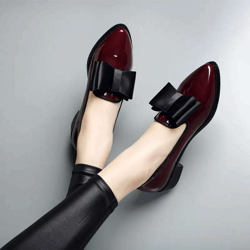 KIMLUD, Spring Flats Women Shoes Bowtie Loafers Patent Leather Women&#39;s Low Heels Slip On Footwear Female Pointed Toe Thick Heel, KIMLUD Womens Clothes