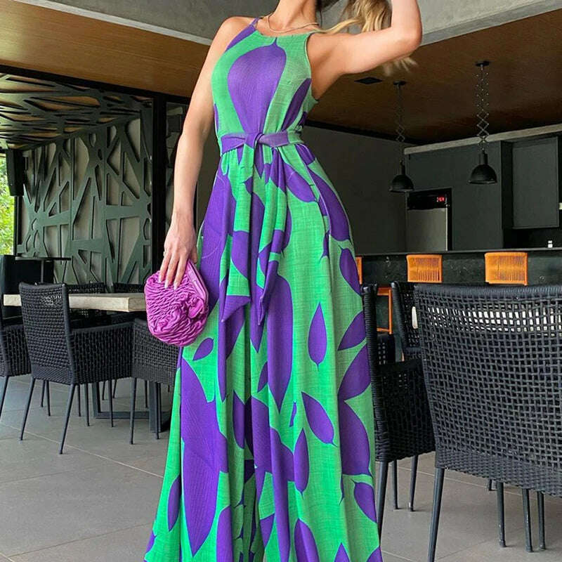 KIMLUD, Spring Summer Boho Printed Maxi Jumpsuits Loose Sleeveless Stylish Female High Waist Lacing Rompers Wide-legged Pants Streetwear, green / XXL, KIMLUD APPAREL - Womens Clothes