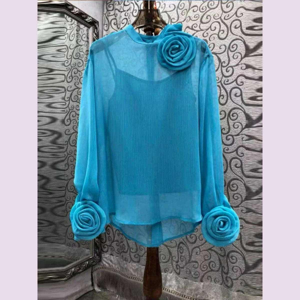 KIMLUD, Spring Summer New Top For Women Two Pieces Design Three-dimensional Flowers Transparent Thin Chiffon Shirt Long Sleeve V1694, blue / L, KIMLUD APPAREL - Womens Clothes