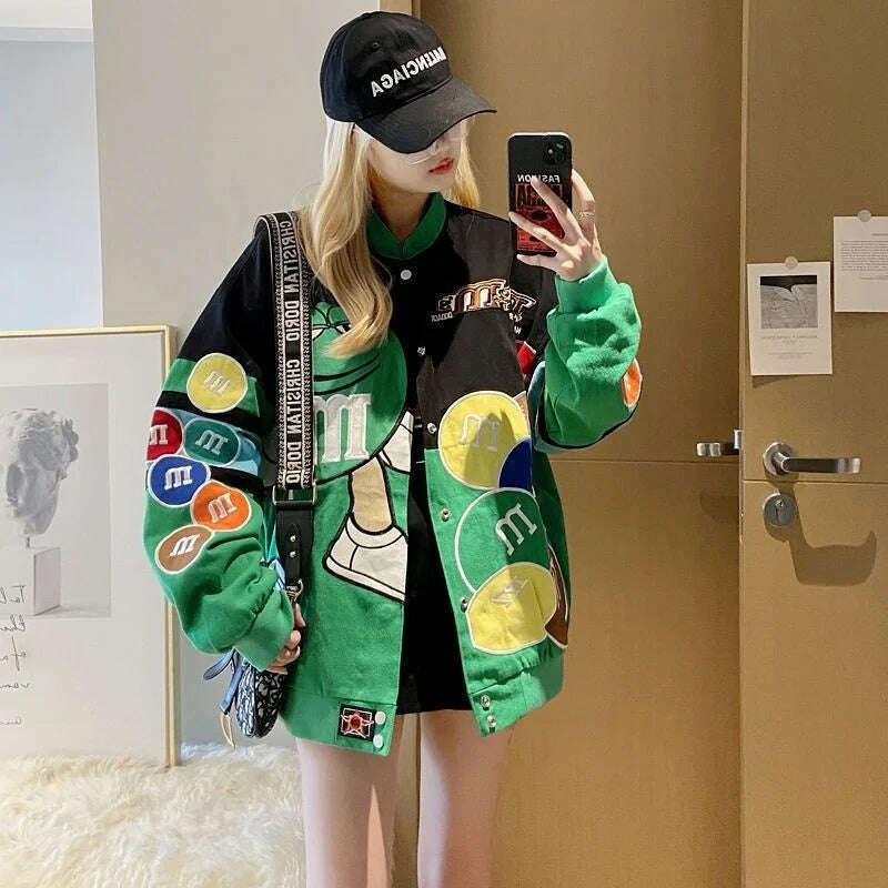 KIMLUD, Spring Winter Red Embroidery Baseball Jacket Men Women Loose Bomber CoatStreetwear Long Sleeve Thicken Quilted Outerwear, M 50-70kg / Green Thin, KIMLUD APPAREL - Womens Clothes