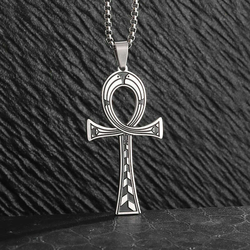 KIMLUD, Stainless Steel Ancient Egyptian Ankh Cross Totem Pendant Necklace Men's Pharaoh Life Key Amulet Jewelry, AL21009-Silver, KIMLUD APPAREL - Womens Clothes