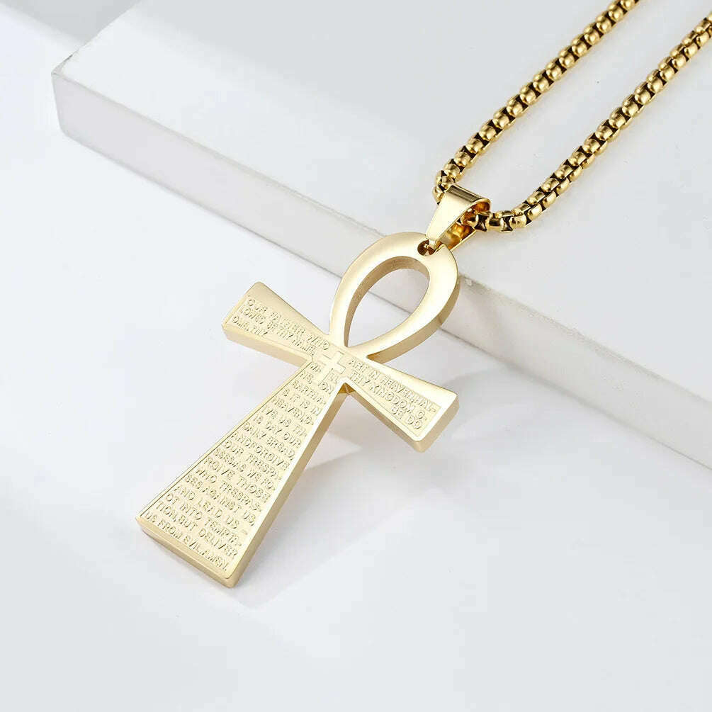 KIMLUD, Stainless Steel Ancient Egyptian Ankh Cross Totem Pendant Necklace Men's Pharaoh Life Key Amulet Jewelry, AL19981-Gold, KIMLUD APPAREL - Womens Clothes