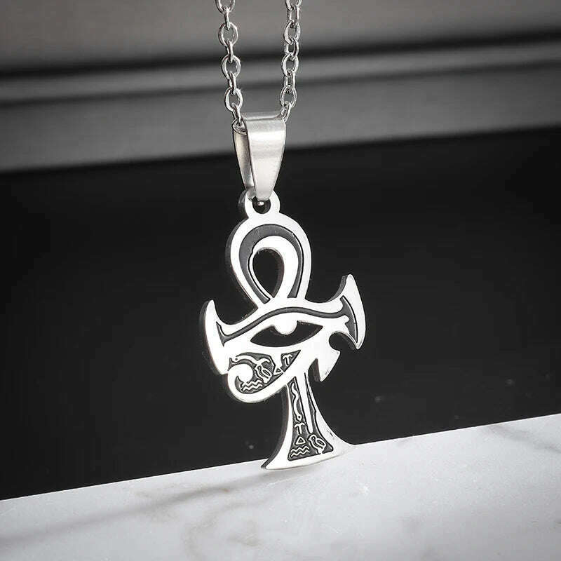 KIMLUD, Stainless Steel Ancient Egyptian Ankh Cross Totem Pendant Necklace Men's Pharaoh Life Key Amulet Jewelry, AL20279-Silver, KIMLUD APPAREL - Womens Clothes