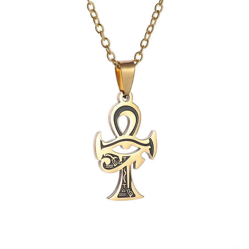 KIMLUD, Stainless Steel Ancient Egyptian Ankh Cross Totem Pendant Necklace Men's Pharaoh Life Key Amulet Jewelry, AL20279-Gold, KIMLUD APPAREL - Womens Clothes