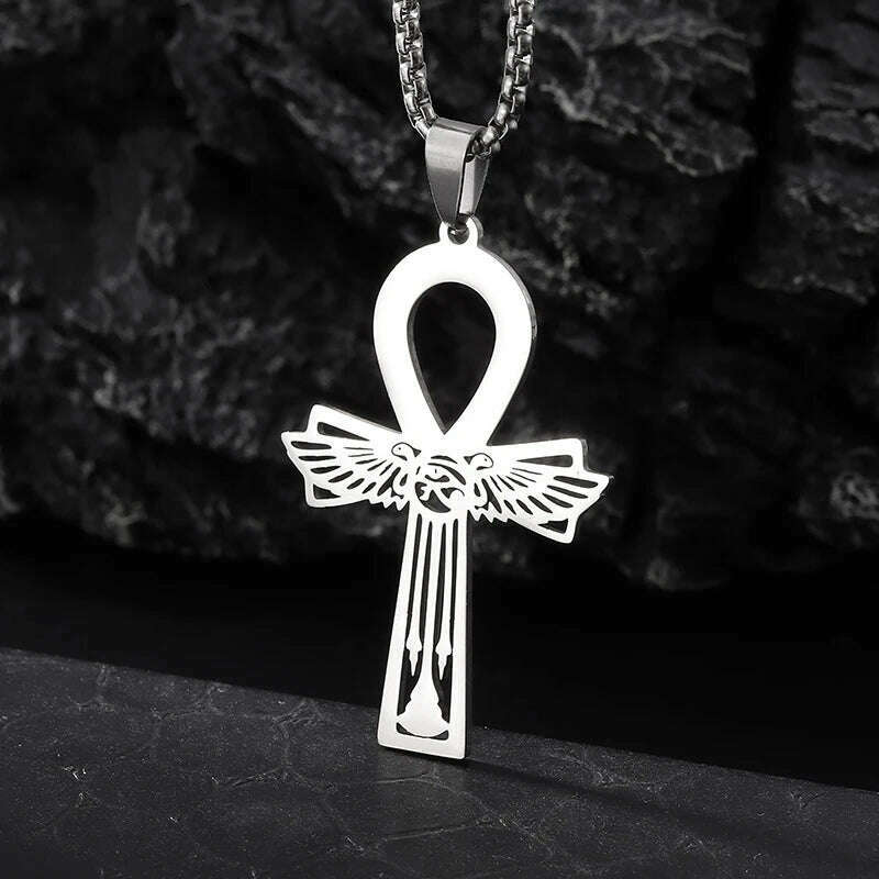 KIMLUD, Stainless Steel Ancient Egyptian Ankh Cross Totem Pendant Necklace Men's Pharaoh Life Key Amulet Jewelry, AL21308-Silver0, KIMLUD APPAREL - Womens Clothes