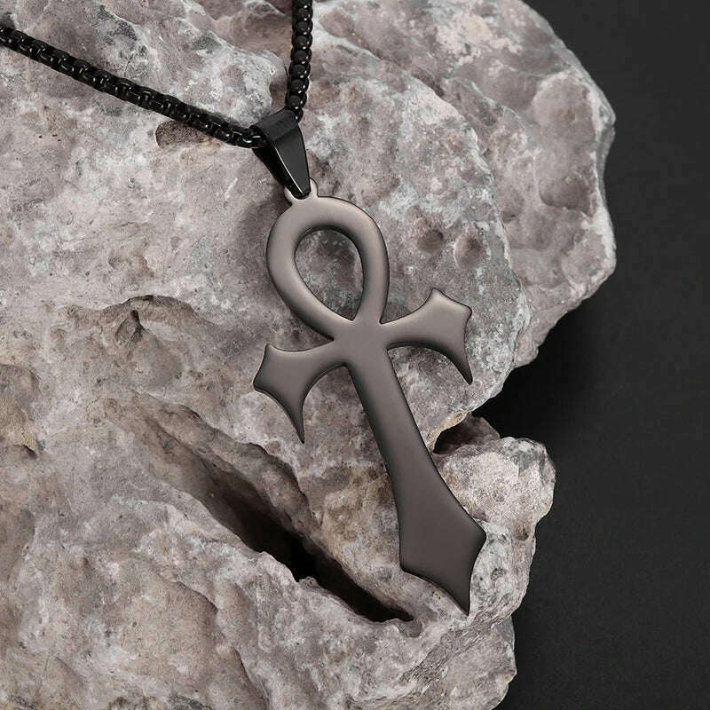 KIMLUD, Stainless Steel Ancient Egyptian Ankh Cross Totem Pendant Necklace Men's Pharaoh Life Key Amulet Jewelry, AL21622-Black, KIMLUD APPAREL - Womens Clothes