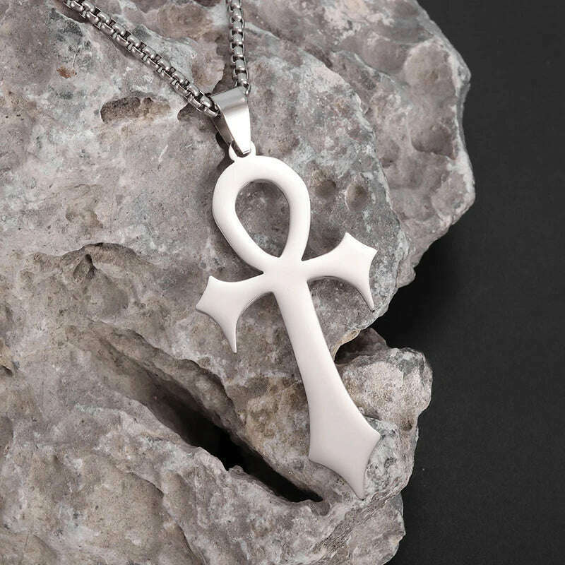 KIMLUD, Stainless Steel Ancient Egyptian Ankh Cross Totem Pendant Necklace Men's Pharaoh Life Key Amulet Jewelry, AL21622-Silver, KIMLUD APPAREL - Womens Clothes