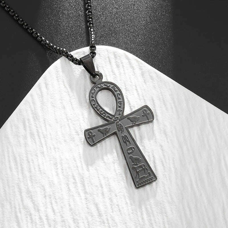 KIMLUD, Stainless Steel Ancient Egyptian Ankh Cross Totem Pendant Necklace Men's Pharaoh Life Key Amulet Jewelry, AL18762-Black, KIMLUD APPAREL - Womens Clothes