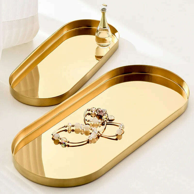 Stainless Steel Storage Tray Golden Oval Tray Light Luxury Jewelry Tray Cosmetic Storage Plate Swing Tray Home Decoration - KIMLUD