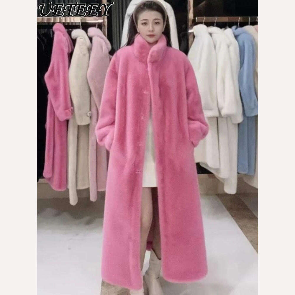 KIMLUD, Stand Collar Long Sleeve Women's European Mink Mid-Length Coat Casual Trend Fashionable Jacket Winter Long Solid Color Overcoat, KIMLUD Womens Clothes