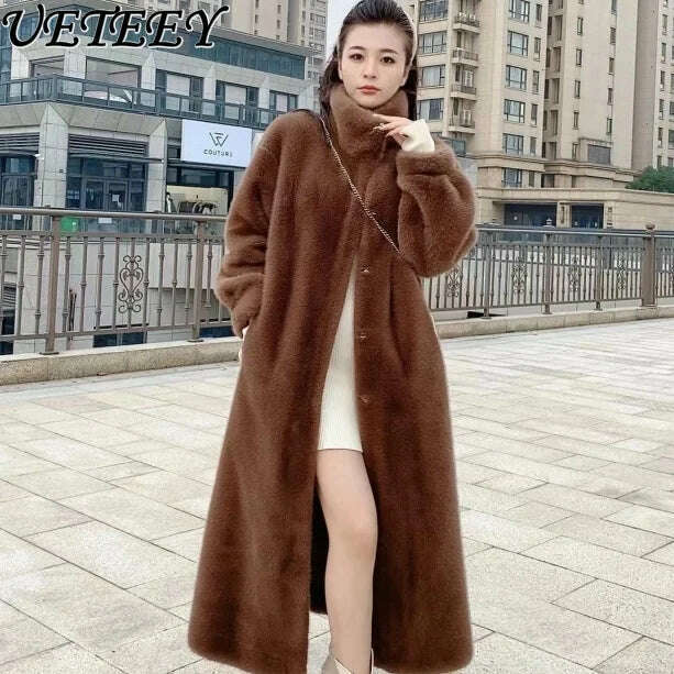 KIMLUD, Stand Collar Long Sleeve Women's European Mink Mid-Length Coat Casual Trend Fashionable Jacket Winter Long Solid Color Overcoat, KIMLUD Womens Clothes