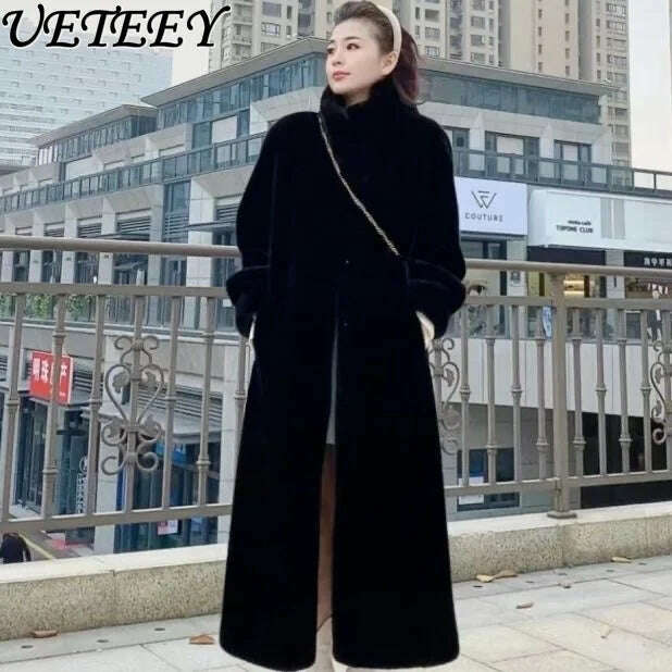 KIMLUD, Stand Collar Long Sleeve Women's European Mink Mid-Length Coat Casual Trend Fashionable Jacket Winter Long Solid Color Overcoat, KIMLUD Womens Clothes