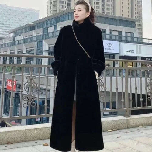 KIMLUD, Stand Collar Long Sleeve Women's European Mink Mid-Length Coat Casual Trend Fashionable Jacket Winter Long Solid Color Overcoat, Black / One Size, KIMLUD APPAREL - Womens Clothes