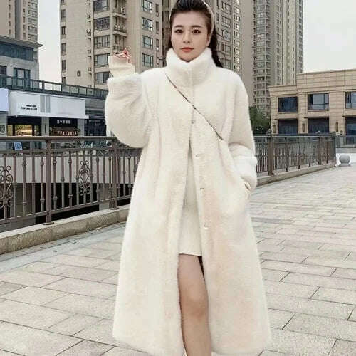 KIMLUD, Stand Collar Long Sleeve Women's European Mink Mid-Length Coat Casual Trend Fashionable Jacket Winter Long Solid Color Overcoat, White / One Size, KIMLUD APPAREL - Womens Clothes