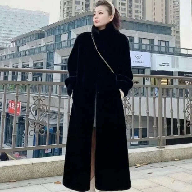 KIMLUD, Stand Collar Long Sleeve Women's European Mink Mid-Length Coat Casual Trend Fashionable Jacket Winter Long Solid Color Overcoat, KIMLUD Womens Clothes