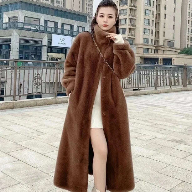 KIMLUD, Stand Collar Long Sleeve Women's European Mink Mid-Length Coat Casual Trend Fashionable Jacket Winter Long Solid Color Overcoat, KIMLUD Womens Clothes