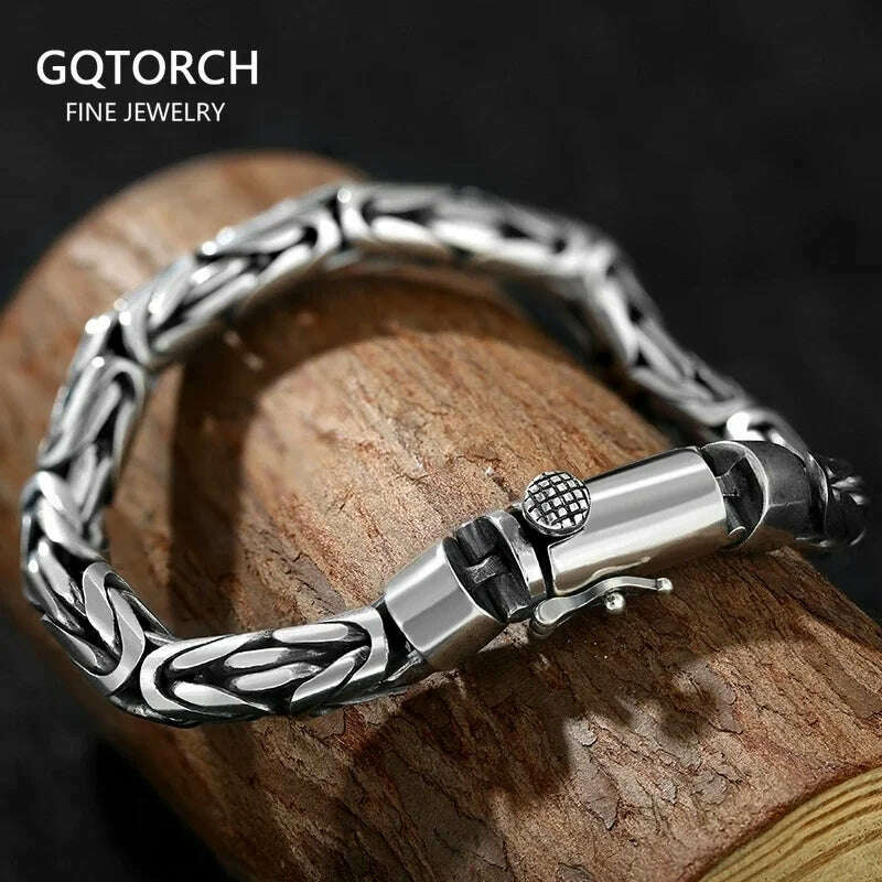 Sterling Silver 925 Viking Bracelet for Men Handmade Peace Pattern Thick Safe Toggle Buckle Hand-woven Chain - KIMLUD