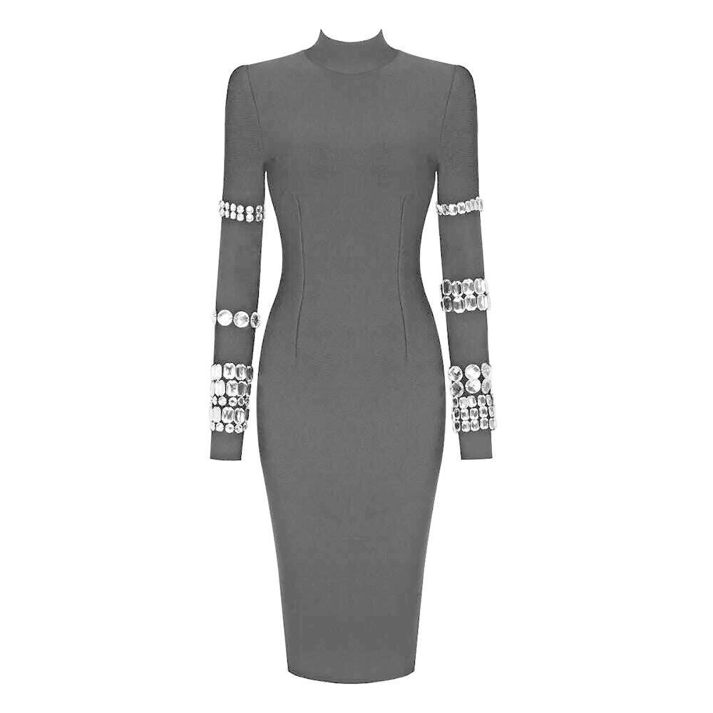 KIMLUD, STOCK New Winter High Quality Sparkling Diamonds High Collar Black Midi Calf Bandage Dress Fashion Woman Evening Party Outfit, black / L, KIMLUD APPAREL - Womens Clothes