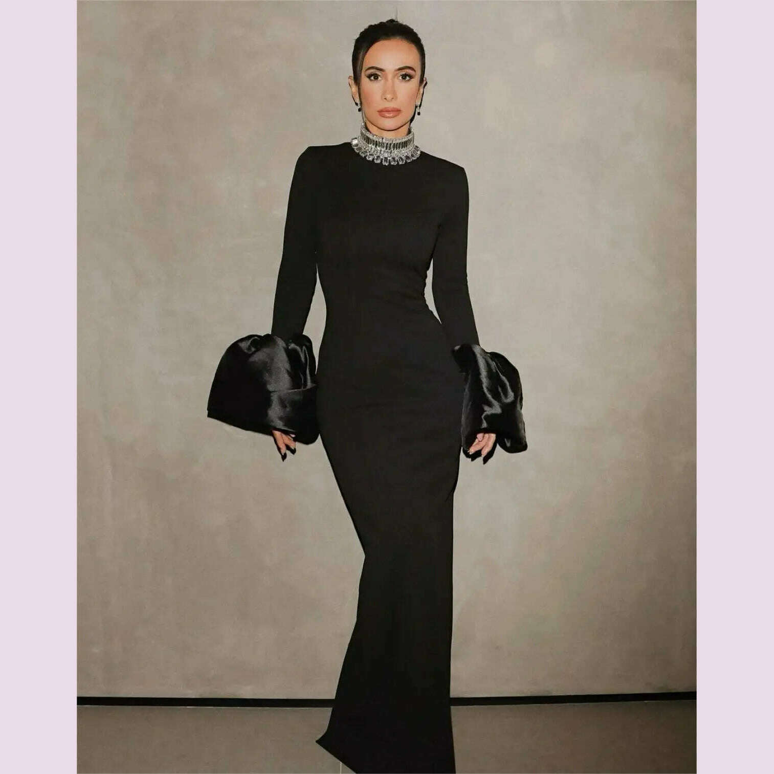 STOCK Shining Diamonds Neck Flare Sleeve Black Long Bandage Dress Elegant Woman Evening Party Dress Cocktail Party Outfit - KIMLUD