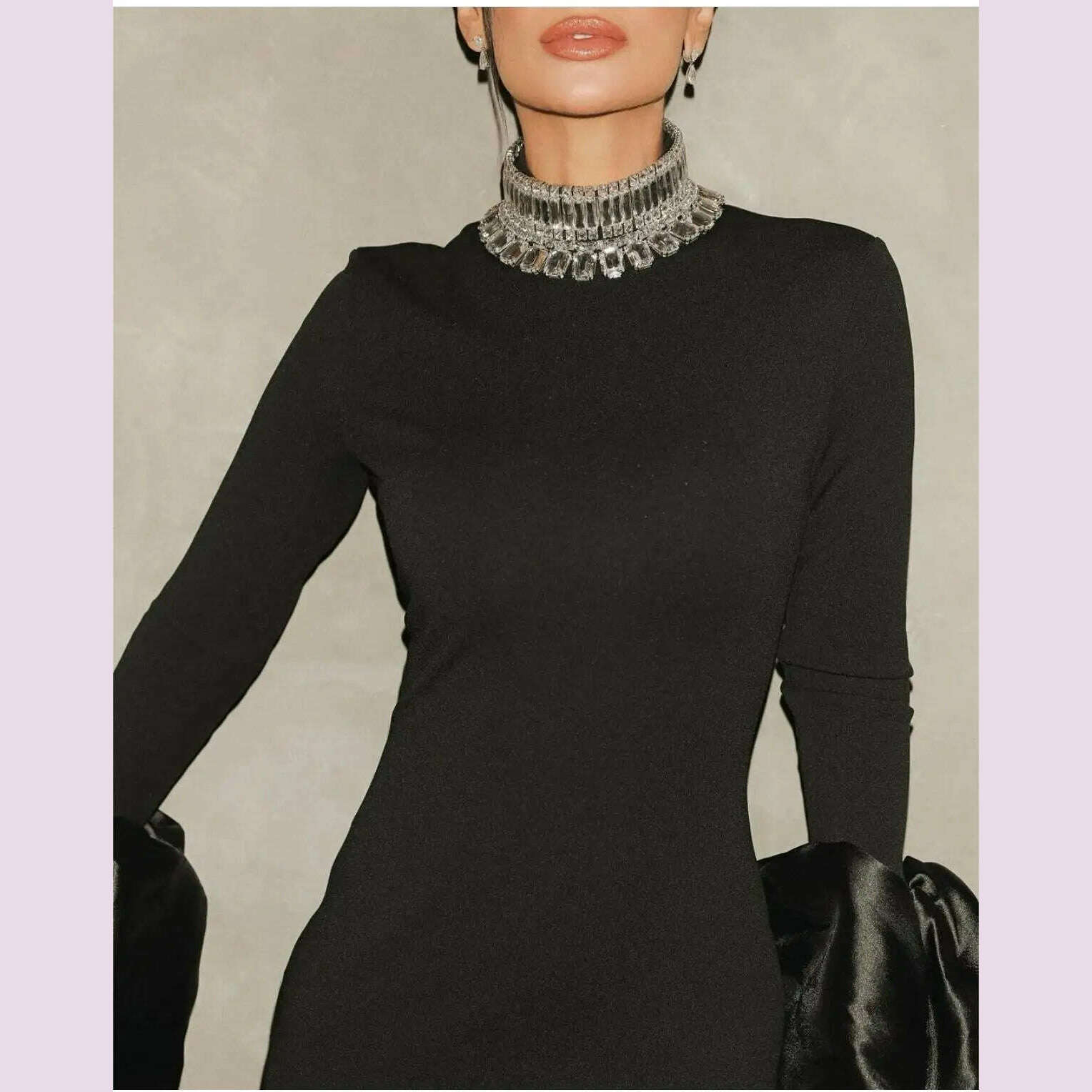 KIMLUD, STOCK Shining Diamonds Neck Flare Sleeve Black Long Bandage Dress Elegant Woman Evening Party Dress Cocktail Party Outfit, KIMLUD Womens Clothes