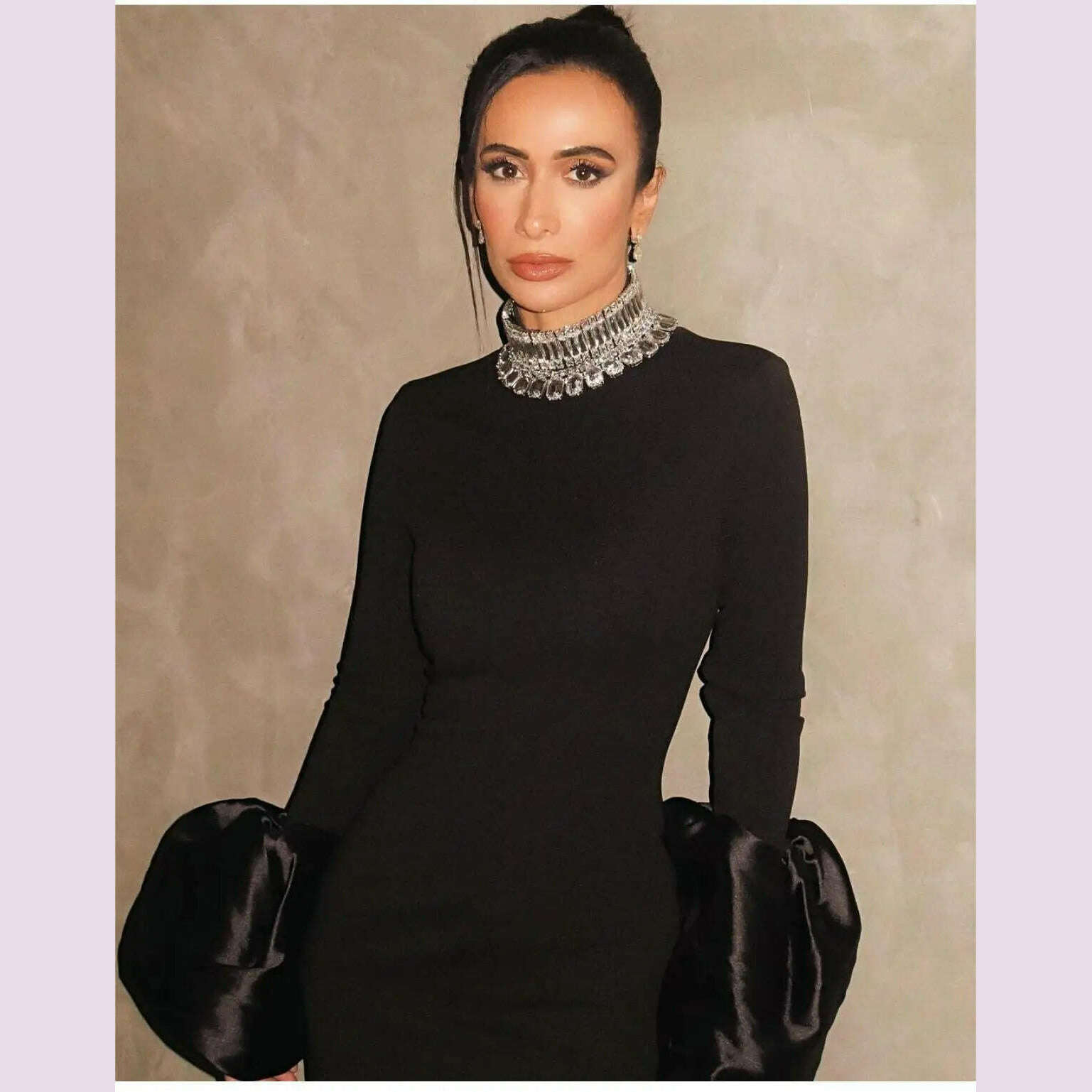 STOCK Shining Diamonds Neck Flare Sleeve Black Long Bandage Dress Elegant Woman Evening Party Dress Cocktail Party Outfit - KIMLUD