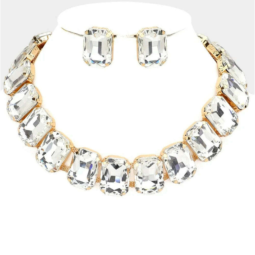 KIMLUD, Stonefans Exaggerated Square Rhinestone Choker Necklace Set Trend 2023 Big Crystal Stud Earrings Women Jewelry Set, Gold / CHINA, KIMLUD APPAREL - Womens Clothes