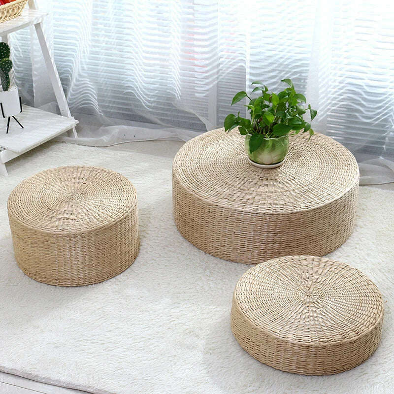 Straw Pouf Seat Mat Meditation Ottoman Home Decor Cushion Buckwheat Floor Seat Cushion Rustic Floor Cushion - KIMLUD