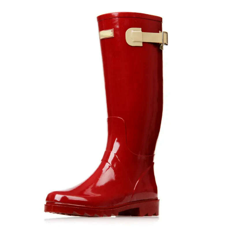 KIMLUD, Street Style Rain Boots Women European/American Locomotive Rain Shoes High Tube Ladies Water Shoes Women Fashion Red Rain Boots, KIMLUD Womens Clothes