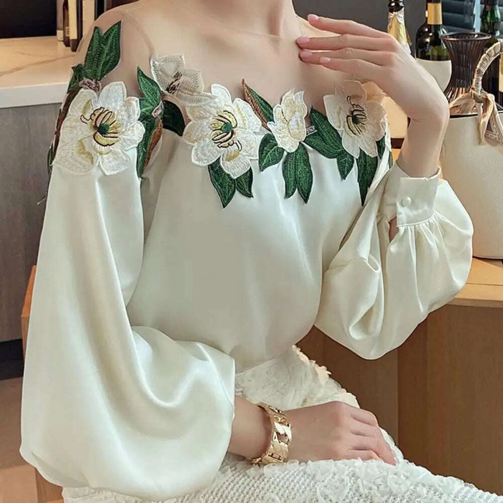 KIMLUD, Stylish Long Sleeve Blouse Stylish Women's Satin Embroidered Gauze Shirt Breathable Comfortable Elegant Lady's Top Polyester, KIMLUD Womens Clothes