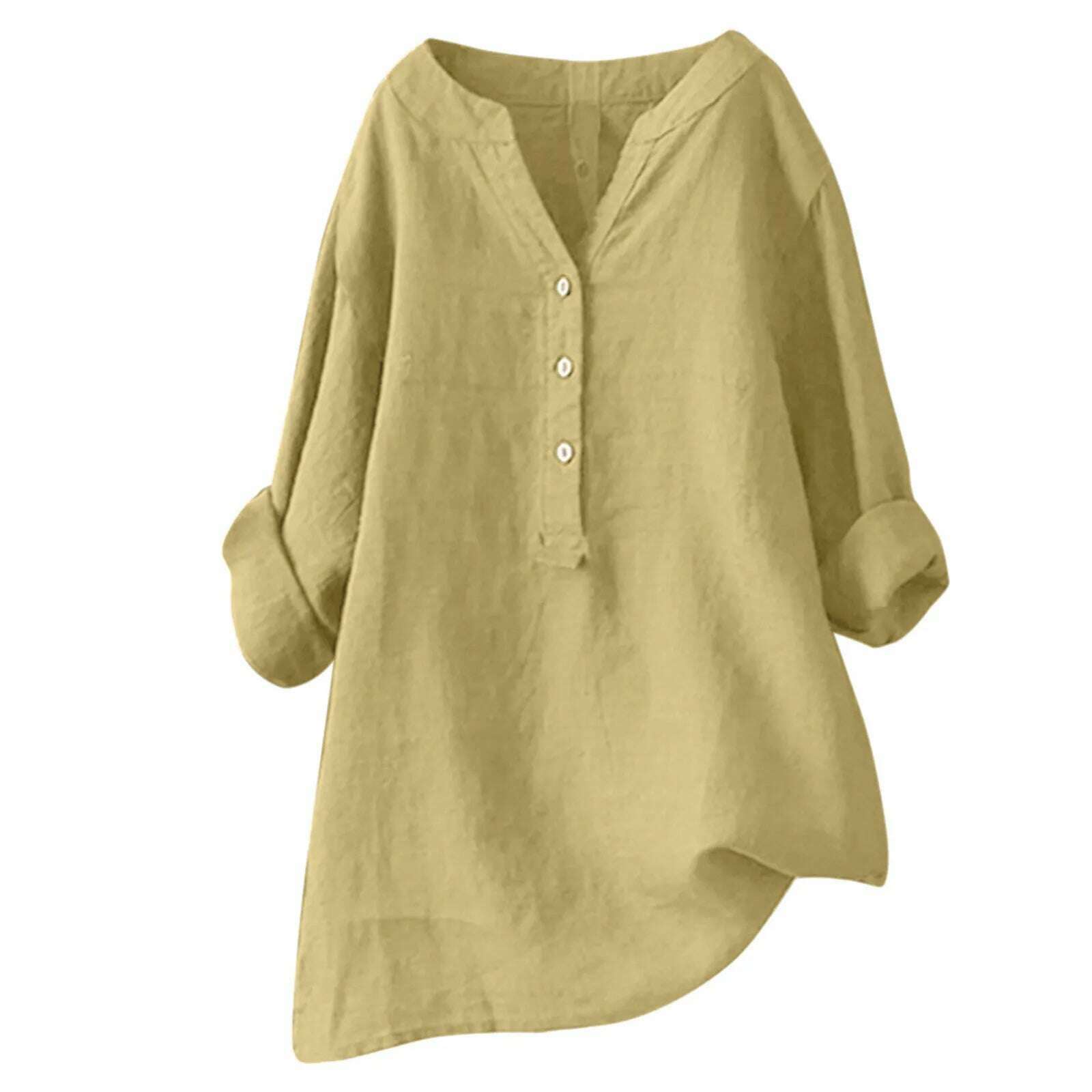 KIMLUD, Summer 2024 Casual Loose Cotton Linen Blouse Plus Size 5XL Shirt Women Long Sleeved Oversize Blouse Vintage Loose Blusas, Yellow / XXXXXL, KIMLUD APPAREL - Womens Clothes