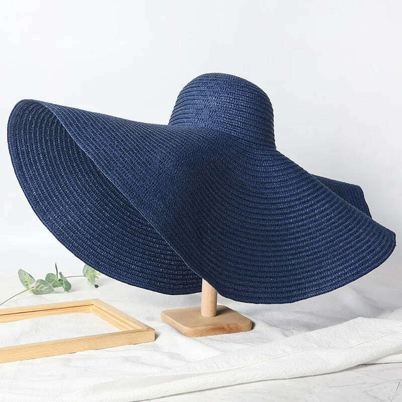 KIMLUD, Summer 70cm Large Wide Brim Sun Hats For Women Oversized Beach Hat Foldable Travel Straw Hat Lady UV Protection Sun Shade Hat, navy blue / 54-57cm, KIMLUD APPAREL - Womens Clothes