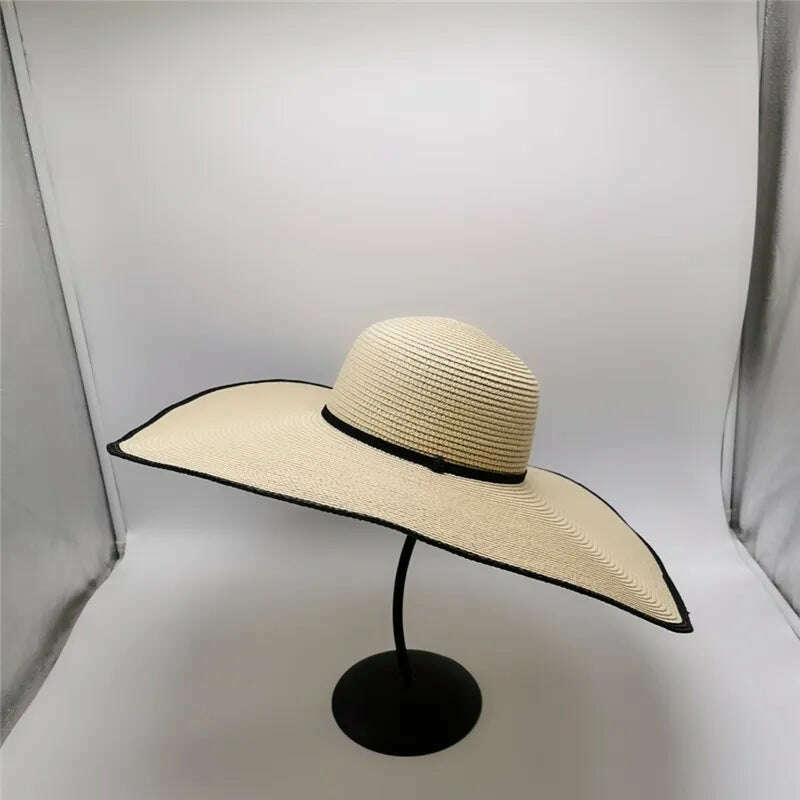 KIMLUD, Summer Ladies Stitching Large Edge 18cm Holiday Beach Hat Sun Hats Hand-woven Straw Hat Supports Folding Wholesale, Beige / 56-58, KIMLUD APPAREL - Womens Clothes