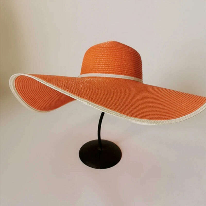 KIMLUD, Summer Ladies Stitching Large Edge 18cm Holiday Beach Hat Sun Hats Hand-woven Straw Hat Supports Folding Wholesale, Orange / 56-58, KIMLUD APPAREL - Womens Clothes