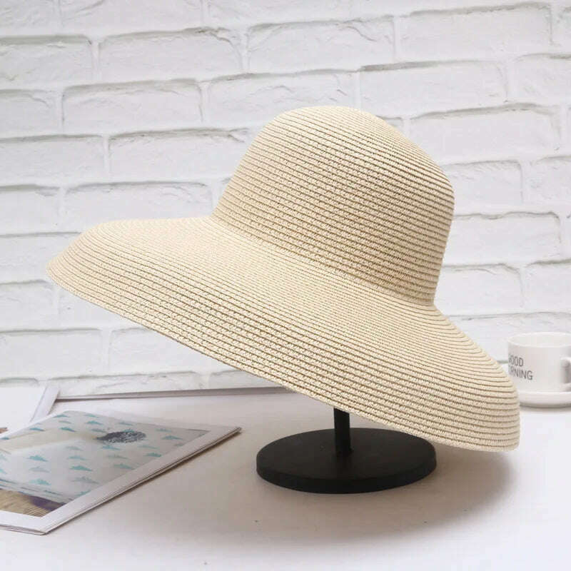 Summer Lady Pleated Straw Hat Women Hepburn Style Casual Sun Hat Large Brim Floppy Sun Hat Cap Holiday Beach Casquette Gorros - KIMLUD