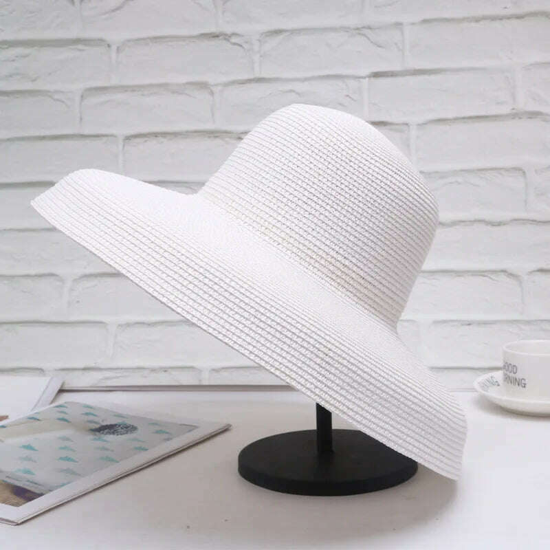 Summer Lady Pleated Straw Hat Women Hepburn Style Casual Sun Hat Large Brim Floppy Sun Hat Cap Holiday Beach Casquette Gorros - KIMLUD