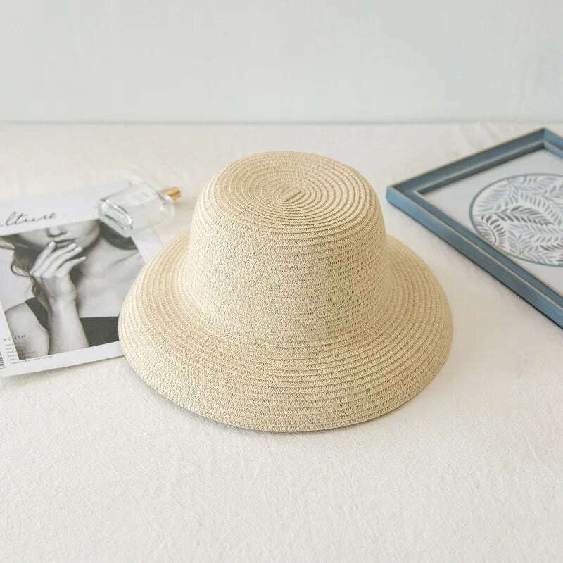 Summer Lady Pleated Straw Hat Women Hepburn Style Casual Sun Hat Large Brim Floppy Sun Hat Cap Holiday Beach Casquette Gorros - KIMLUD