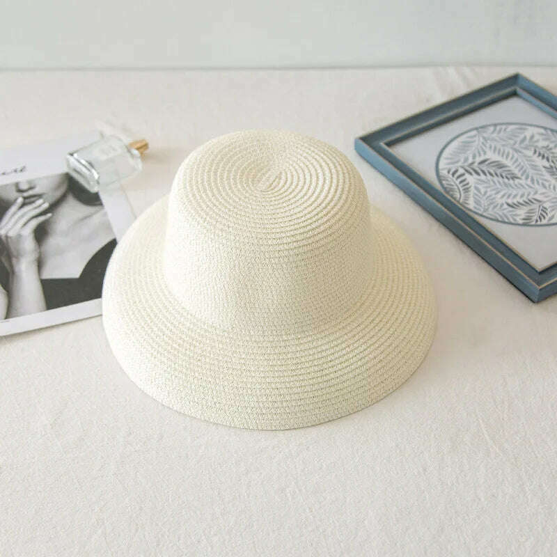 Summer Lady Pleated Straw Hat Women Hepburn Style Casual Sun Hat Large Brim Floppy Sun Hat Cap Holiday Beach Casquette Gorros - KIMLUD