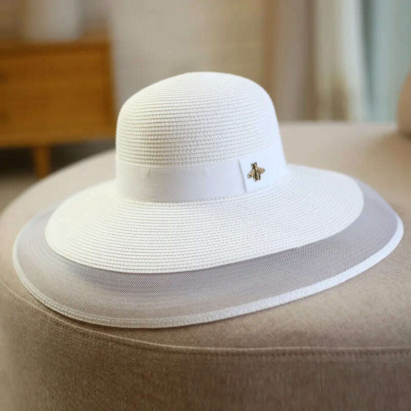 KIMLUD, Summer Large Brim Straw Hat Floppy Wide Brim Sun Cap bee Beach Foldable Hats New adjustable  2020 Hats for Women, KIMLUD Womens Clothes