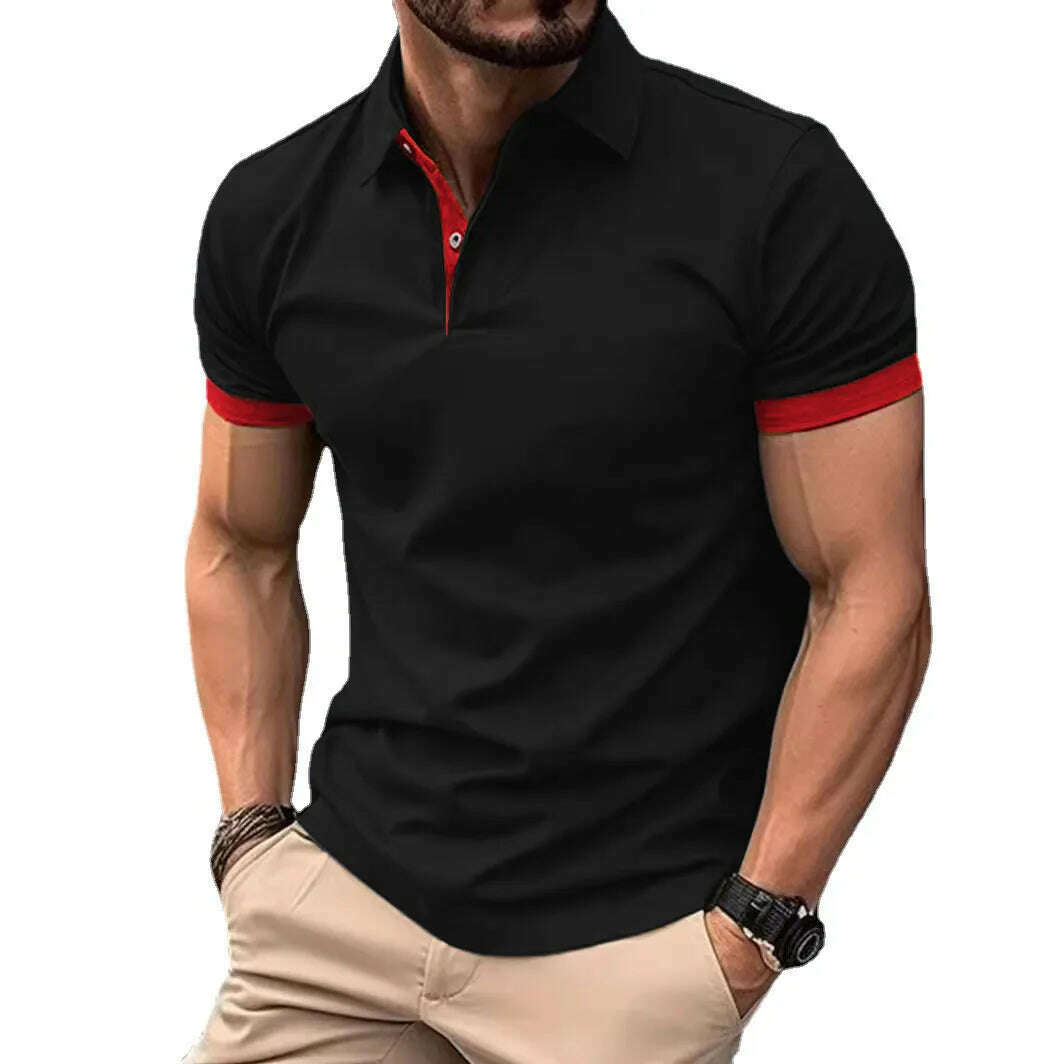 KIMLUD, Summer Men Polo Shirts Men Short Sleeve Shirt Contrast Color Lightweight Streetwear Casual  Lapel Collar Tops, Black Red / Asian M(45-55KG), KIMLUD APPAREL - Womens Clothes