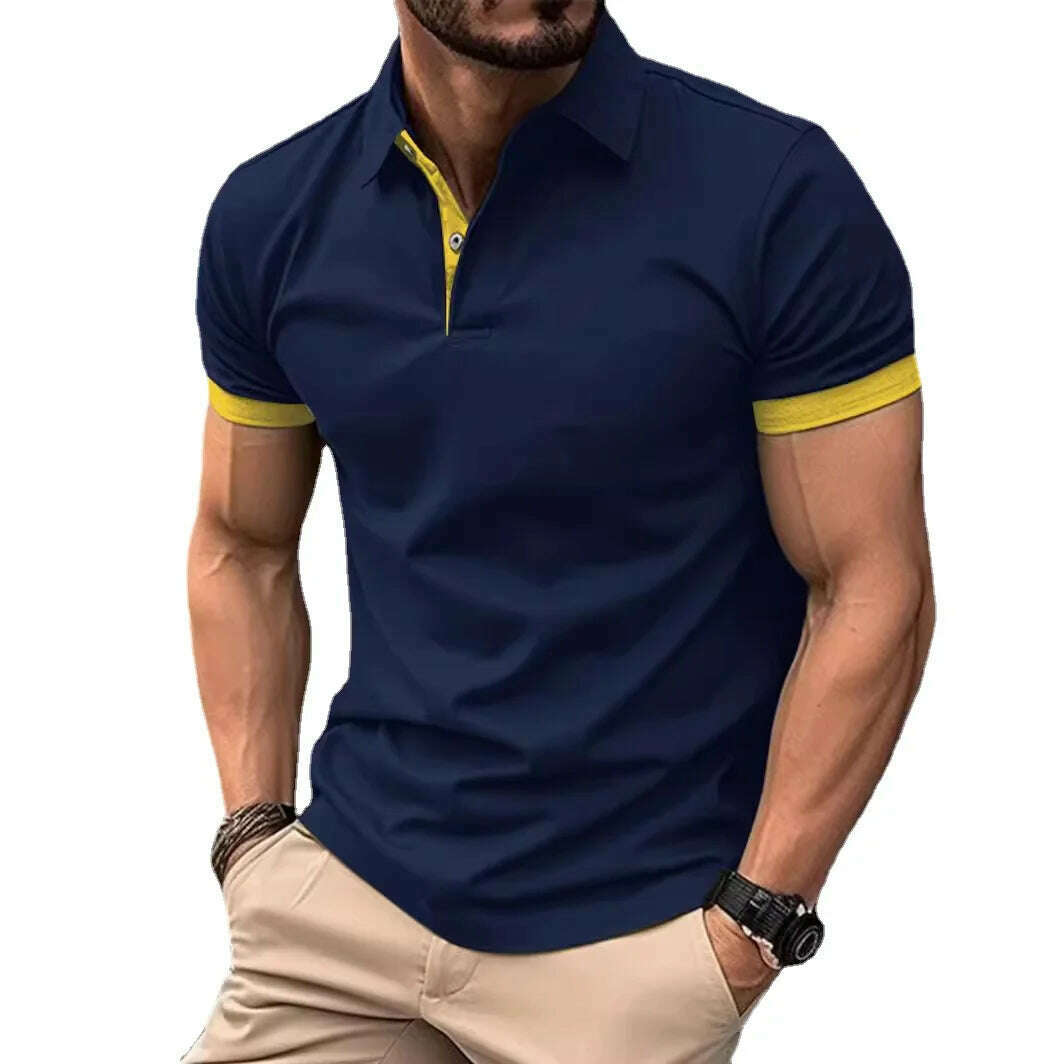 KIMLUD, Summer Men Polo Shirts Men Short Sleeve Shirt Contrast Color Lightweight Streetwear Casual  Lapel Collar Tops, Navy Yellow / Asian XXXL(70-90KG), KIMLUD APPAREL - Womens Clothes