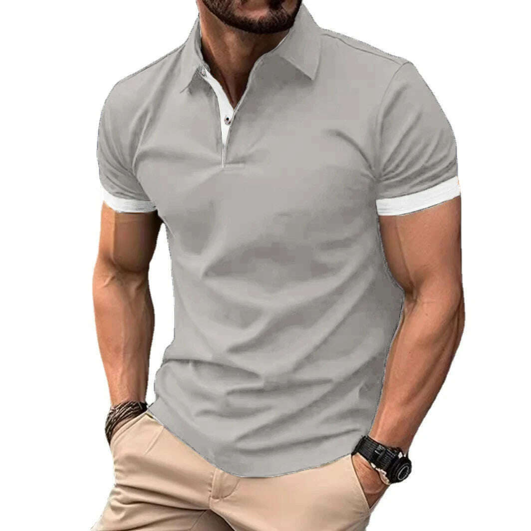 KIMLUD, Summer Men Polo Shirts Men Short Sleeve Shirt Contrast Color Lightweight Streetwear Casual  Lapel Collar Tops, Light Gray White / Asian XXL(60-80KG), KIMLUD APPAREL - Womens Clothes