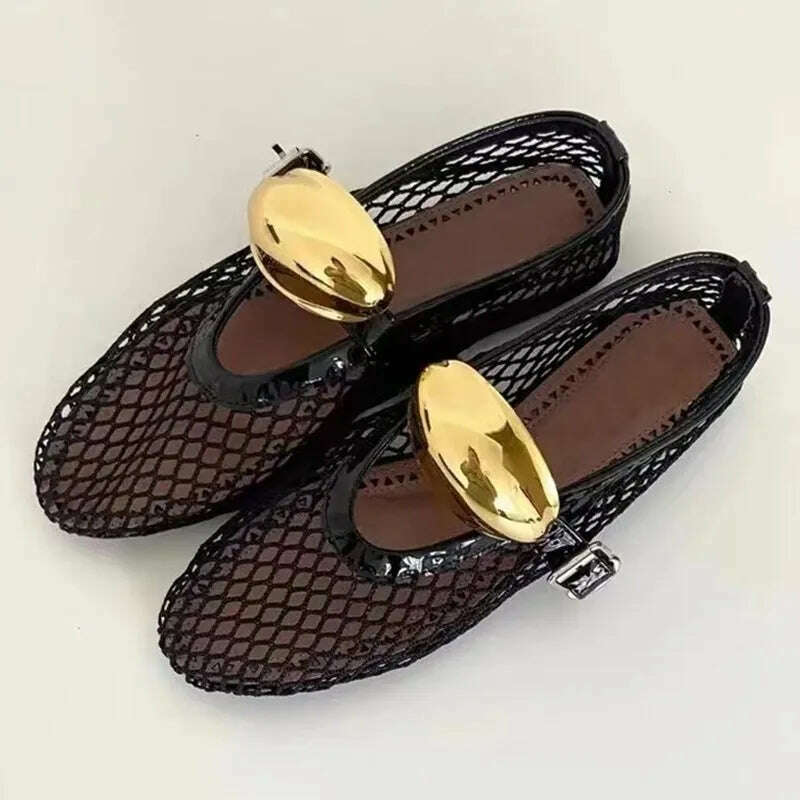 KIMLUD, Summer Mesh Flat Sandals Women Luxury Elegant Comfort Mules Shoes Fashion Brand Light Breathable Mary Jane Loafers Beach Shoe, Black Gold Buckles / 40, KIMLUD APPAREL - Womens Clothes