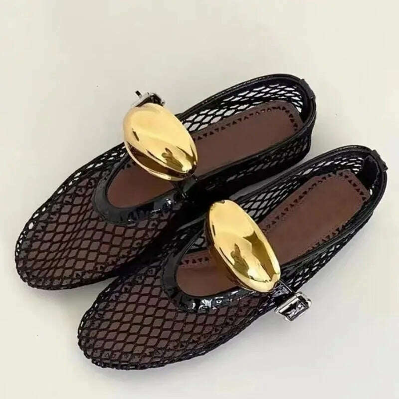 KIMLUD, Summer Mesh Hollow Sandals Women Flats Shallow 2024 New Beach Shoes Comfort Retro Female Flat Shoes Buckle Ballet Shoes, Black buckle / 37, KIMLUD APPAREL - Womens Clothes