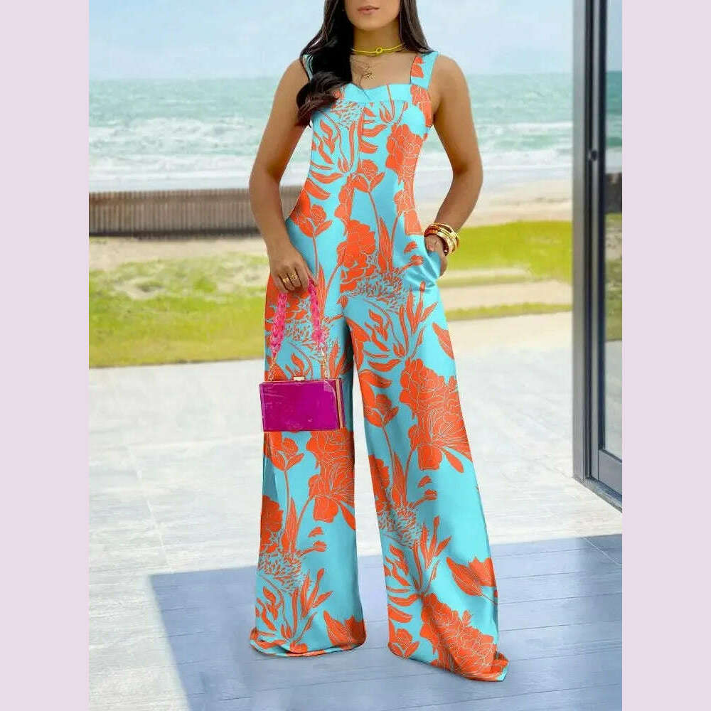 Summer Print Elegnat Women's Jumpsuits Fashion Spaghetti Strap Loose Boho Wide Leg Playsuit Casual Female Wide Leg Jumpsuit - KIMLUD