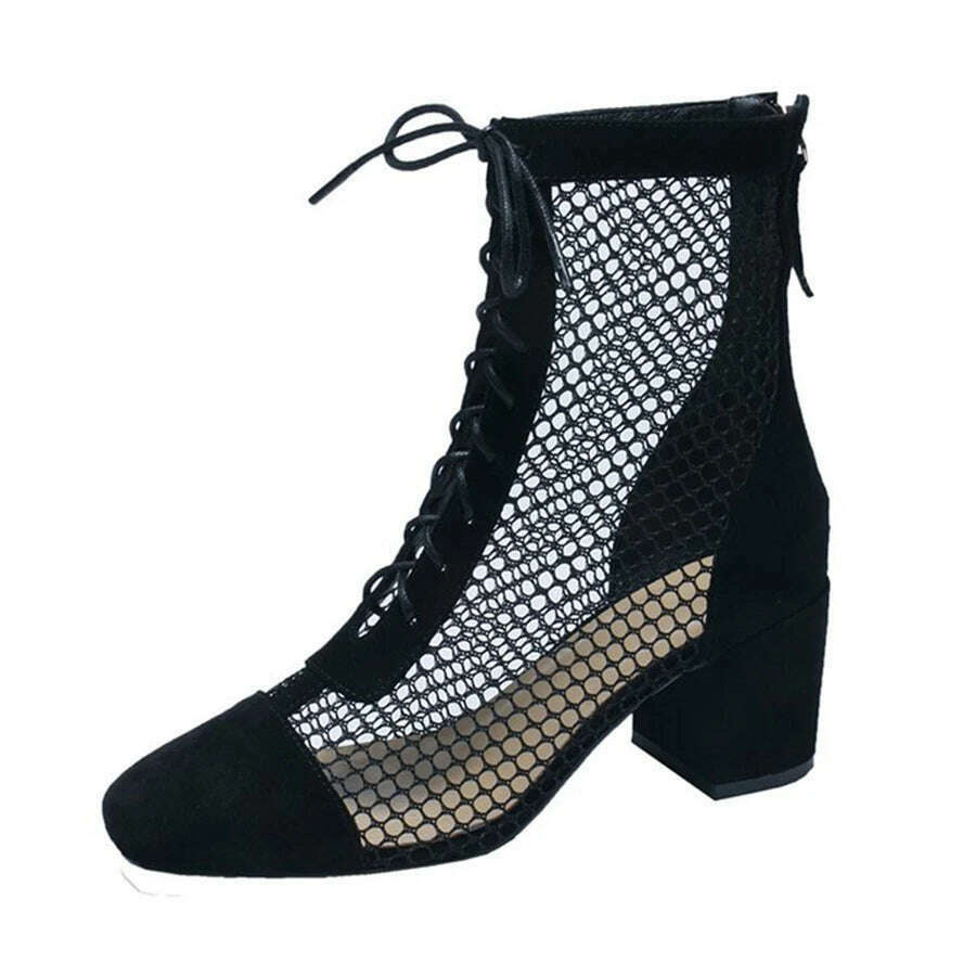 KIMLUD, Summer Roman Lace Up Shoes Women Sandals Sexy Mesh Cut-Outs Pointed Toe High Heels Woman Black Kid Suede Ladies Long Short Boots, KIMLUD Womens Clothes