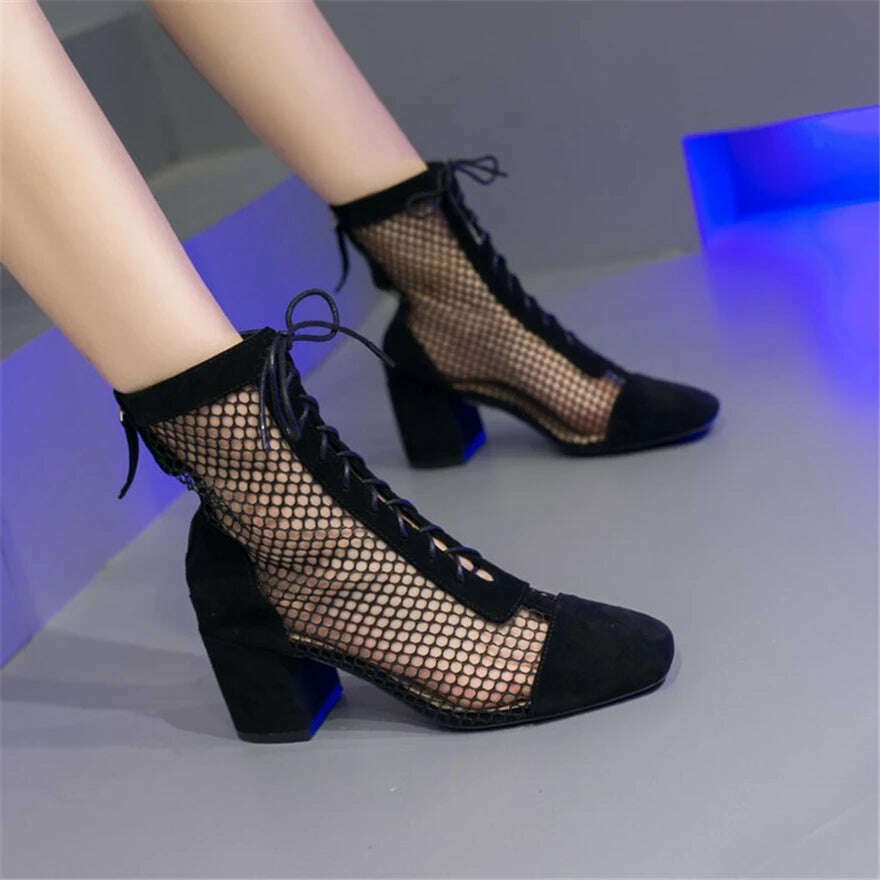 KIMLUD, Summer Roman Lace Up Shoes Women Sandals Sexy Mesh Cut-Outs Pointed Toe High Heels Woman Black Kid Suede Ladies Long Short Boots, KIMLUD Womens Clothes